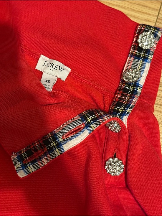 J. Crew Sweaters - J Crew Tartan Red Rhinestone Embellished Button Funnel Neck Sweatshirt XS